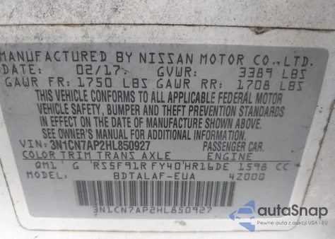 2017 Nissan Versa 1.6 S z USA, uszkodzony, nr VIN 3N1CN7AP2HL850927